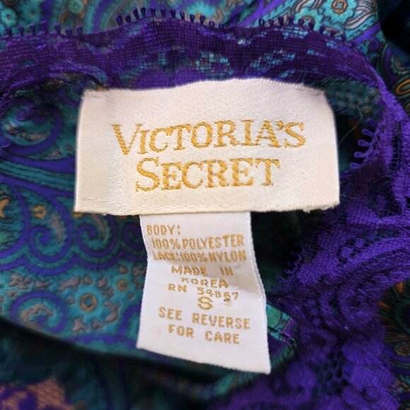 Victoria’s Secret Gold Label Green Blue Paisley Satin Chemise Slip Gown S Sleep - Picture 4 of 4